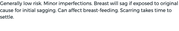 Generally low risk. Minor imperfections. Breast will sag if exposed to original cause for initial sagging. Can affect breast-feeding. Scarring takes time to settle. 