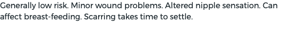 Generally low risk. Minor wound problems. Altered nipple sensation. Can affect breast-feeding. Scarring takes time to settle. 