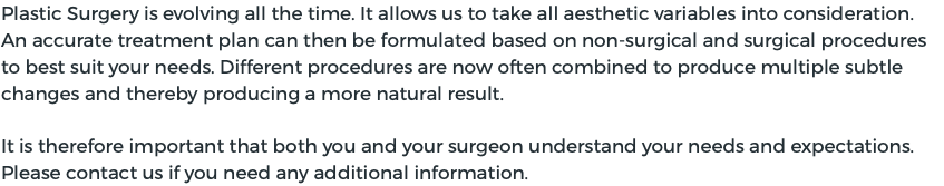 Plastic Surgery is evolving all the time. It allows us to take all aesthetic variables into consideration. An accurate treatment plan can then be formulated based on non-surgical and surgical procedures to best suit your needs. Different procedures are now often combined to produce multiple subtle changes and thereby producing a more natural result. It is therefore important that both you and your surgeon understand your needs and expectations. Please contact us if you need any additional information.